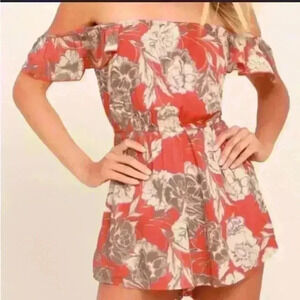 Amuse Society Orange Floral Romper Off Shoulder